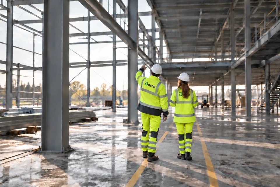 Illustration of two professionals on a protected construction site walkway