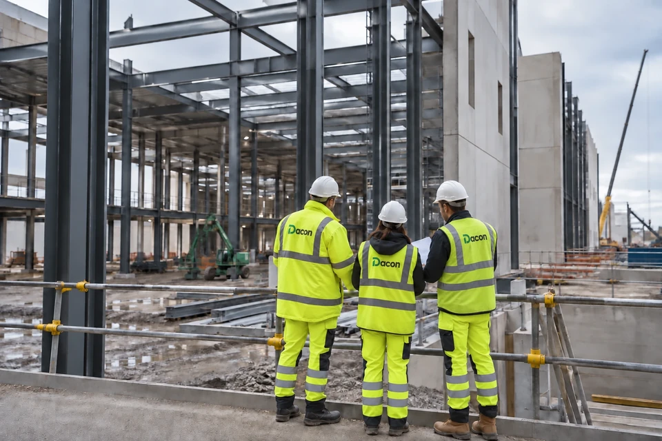 Illustration of construction coordination beside an unfinished technical building