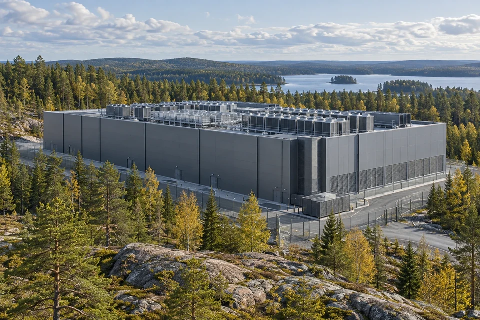 Illustration of a data center in a Finnish forest landscape