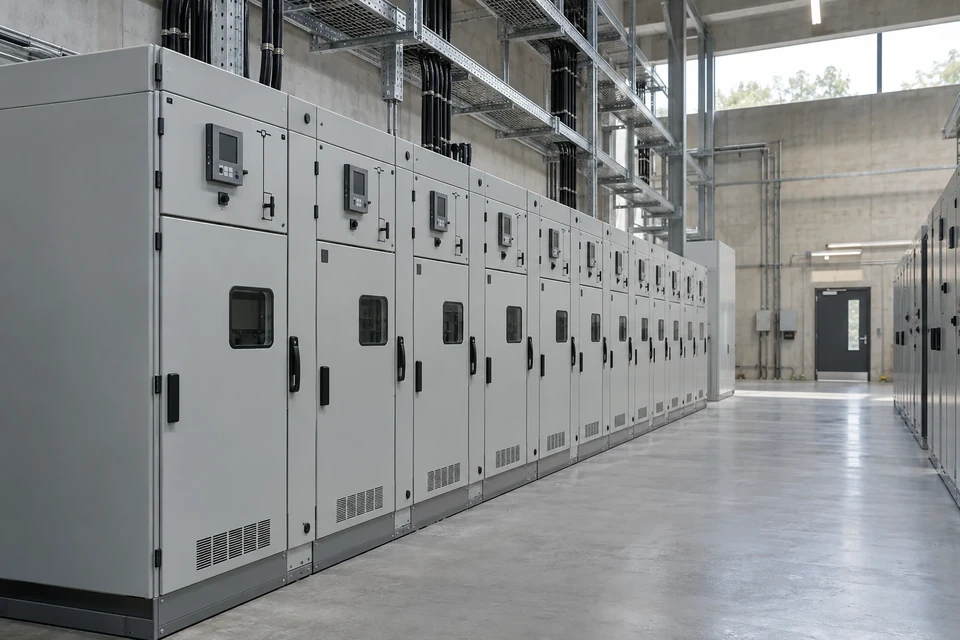 Illustration of medium-voltage switchgear in an electrical equipment room