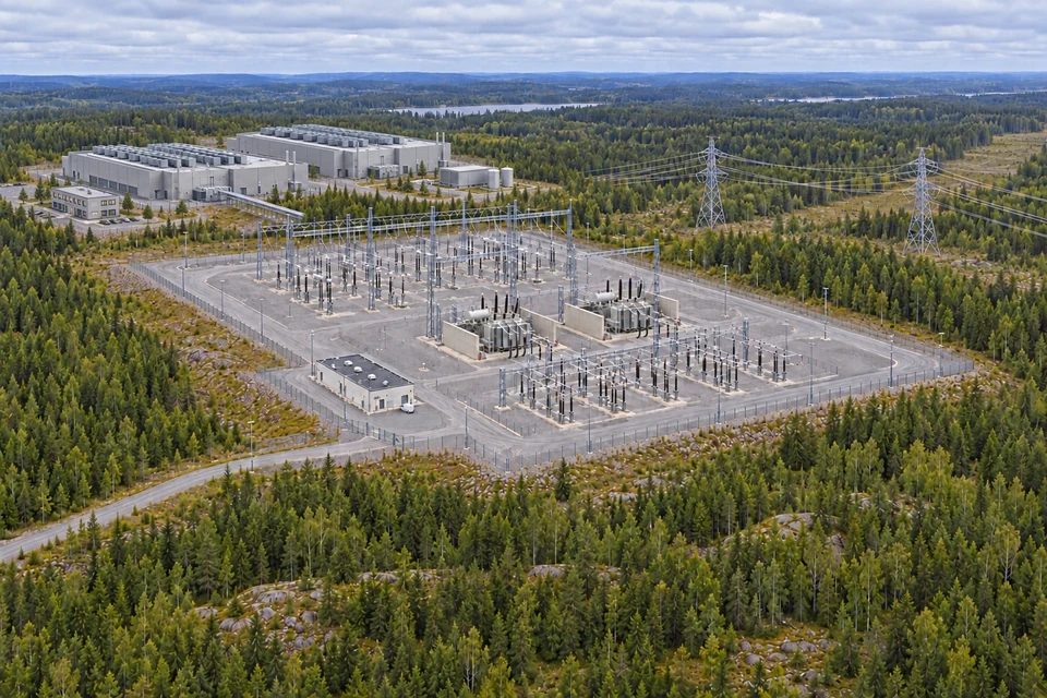 Aerial illustration of a high-voltage substation and a campus with two data halls, an office and utility buildings in a Finnish forest landscape